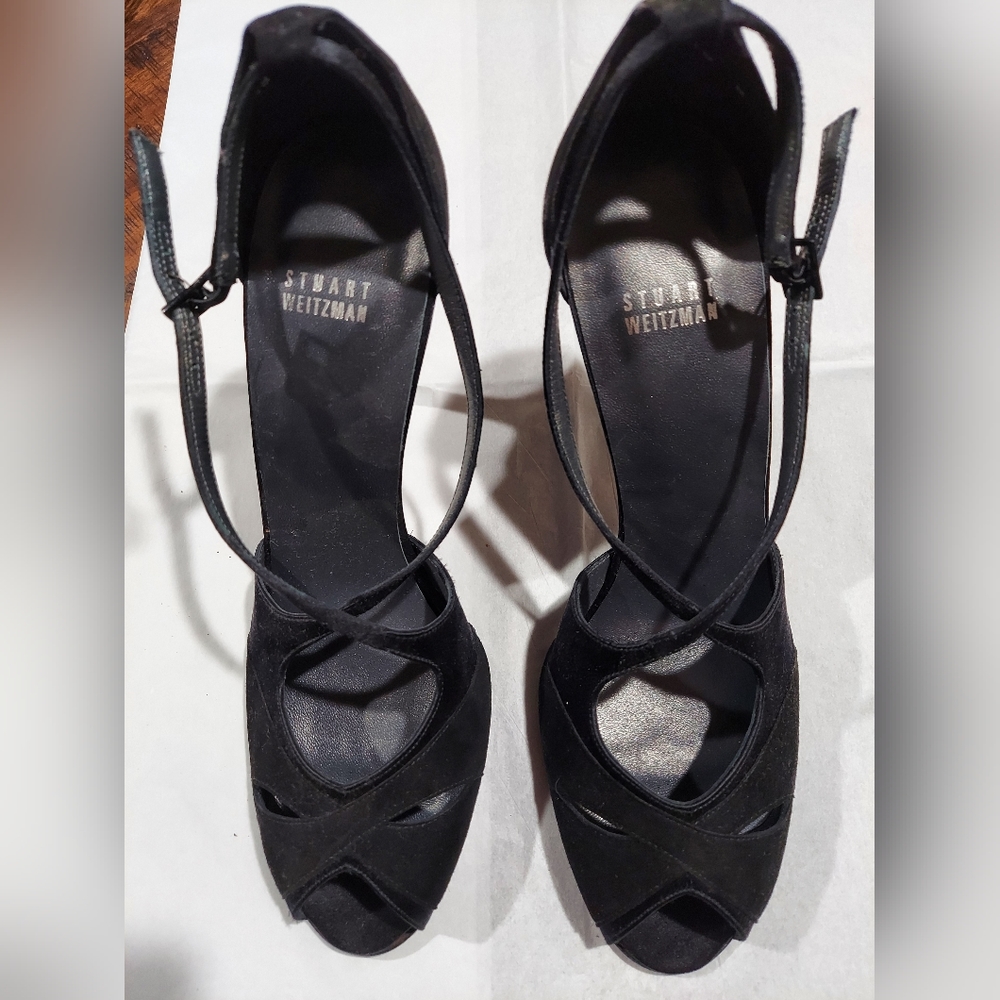 Stuart Weitzman Black Suede Ankle Strap Open Toe Shoes 4" High Heels Size 10M